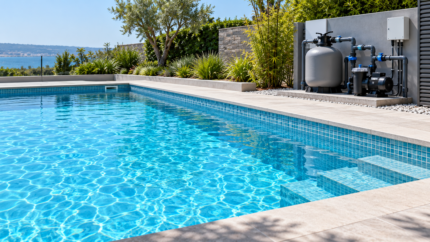 Swimming pool with water-treatment circulation equipment beside the pool