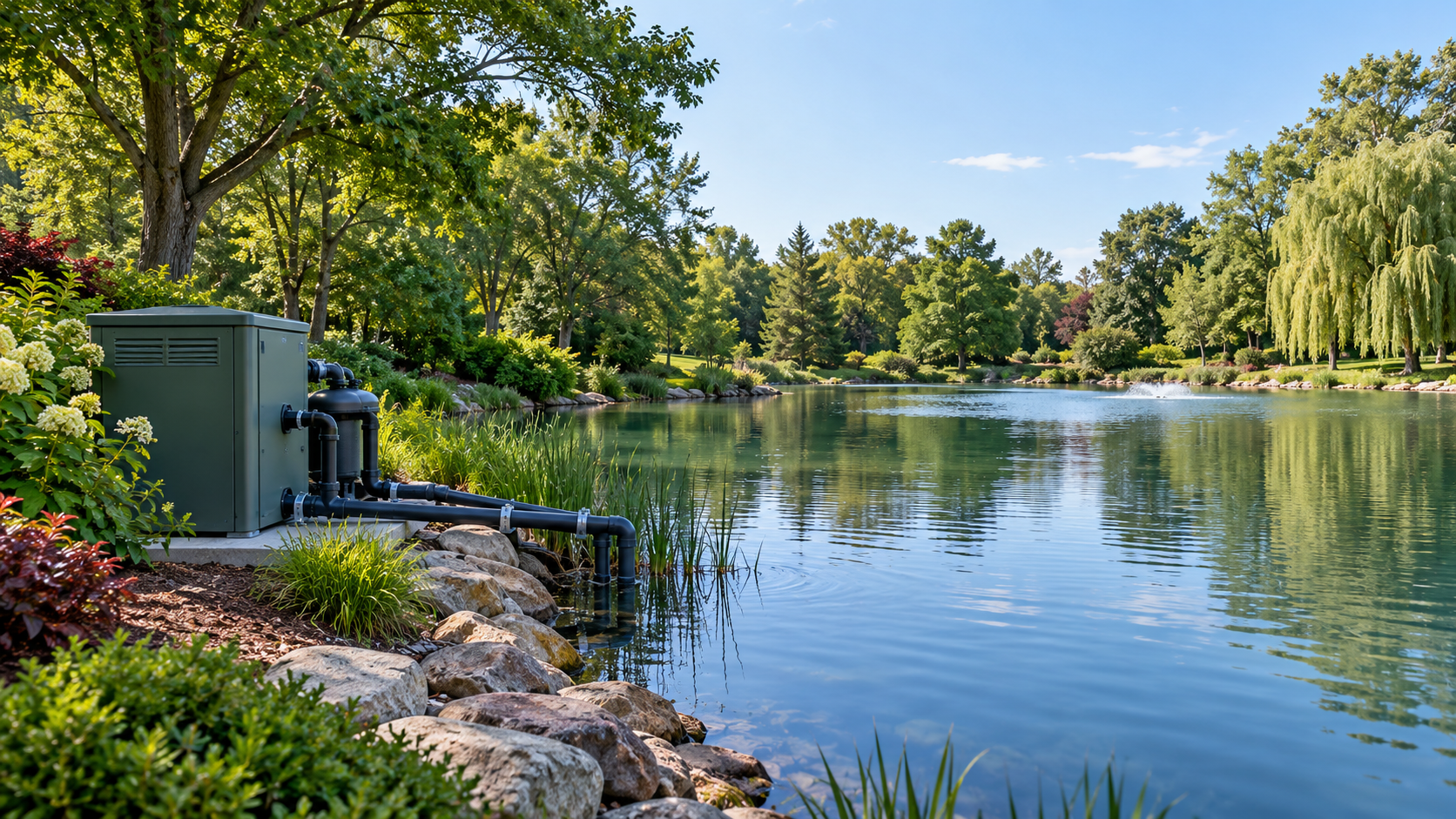 Large pond with water-treatment equipment at the shoreline