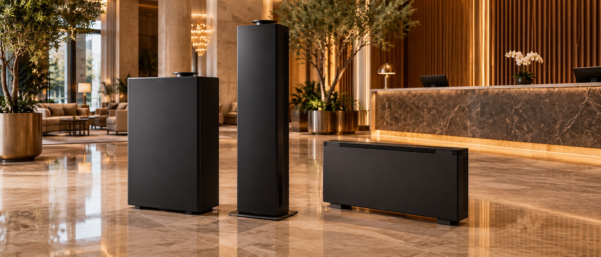 Commercial scent diffuser units in an elegant hotel lobby