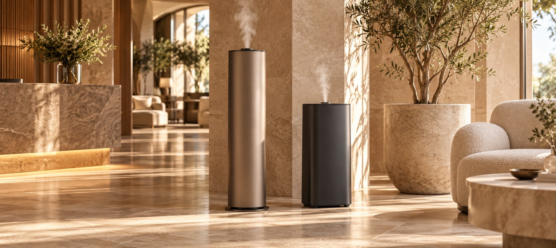 Medium-format freestanding scent diffusers in a warm luxury interior