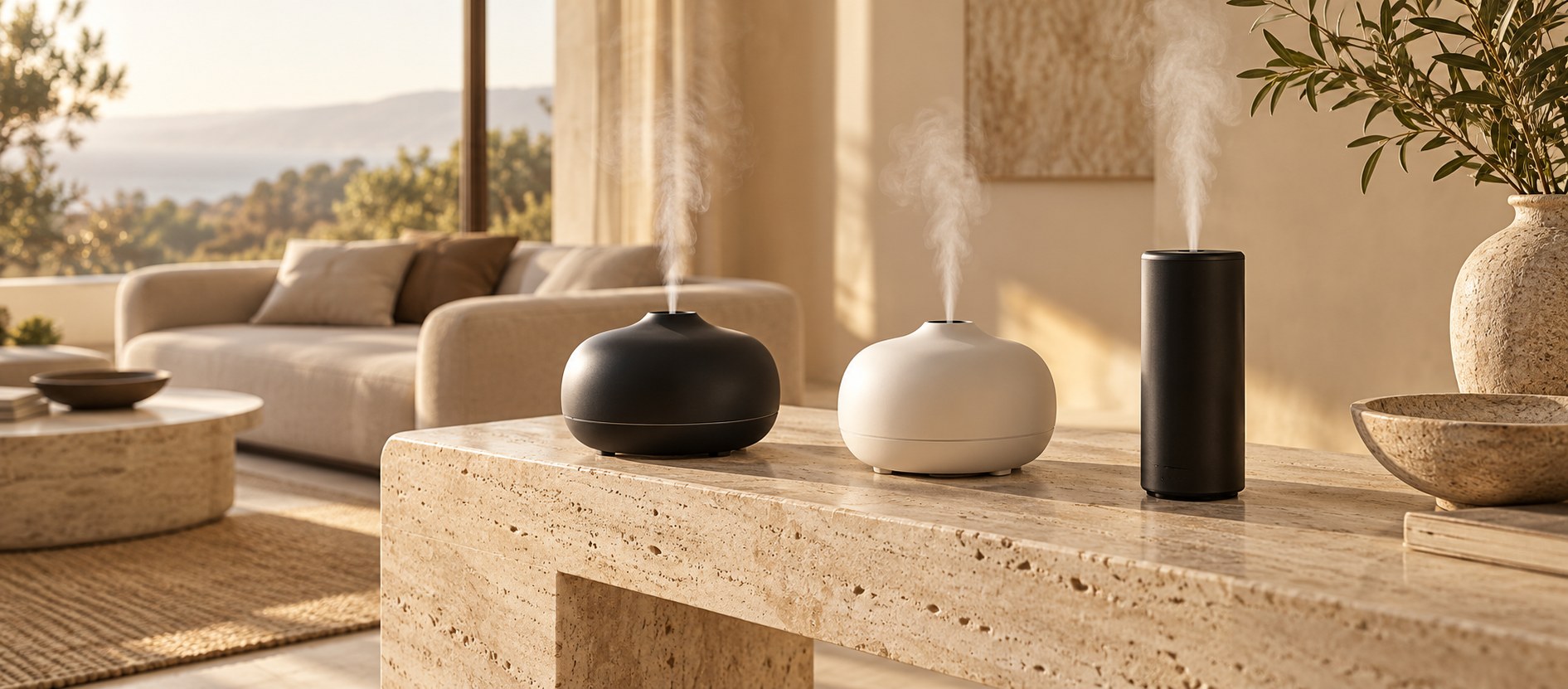 Compact aroma diffusers styled in a warm, neutral home interior