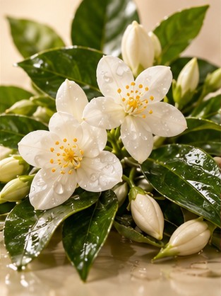 White jasmine blossoms and glossy leaves
