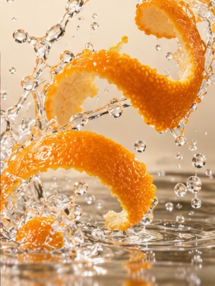 Bright citrus peel splashing through water