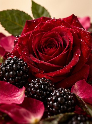 Red rose with blackberries and petals