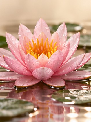 Pink water lily floating on water