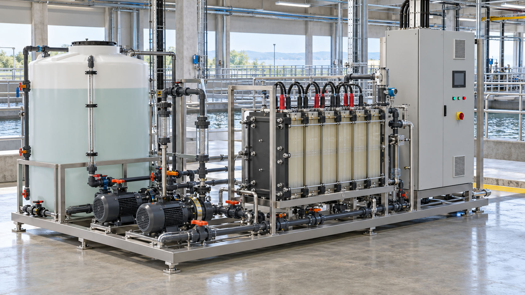 Illustrative electro chlorination equipment with electrolysis cells, a brine tank and water-treatment piping