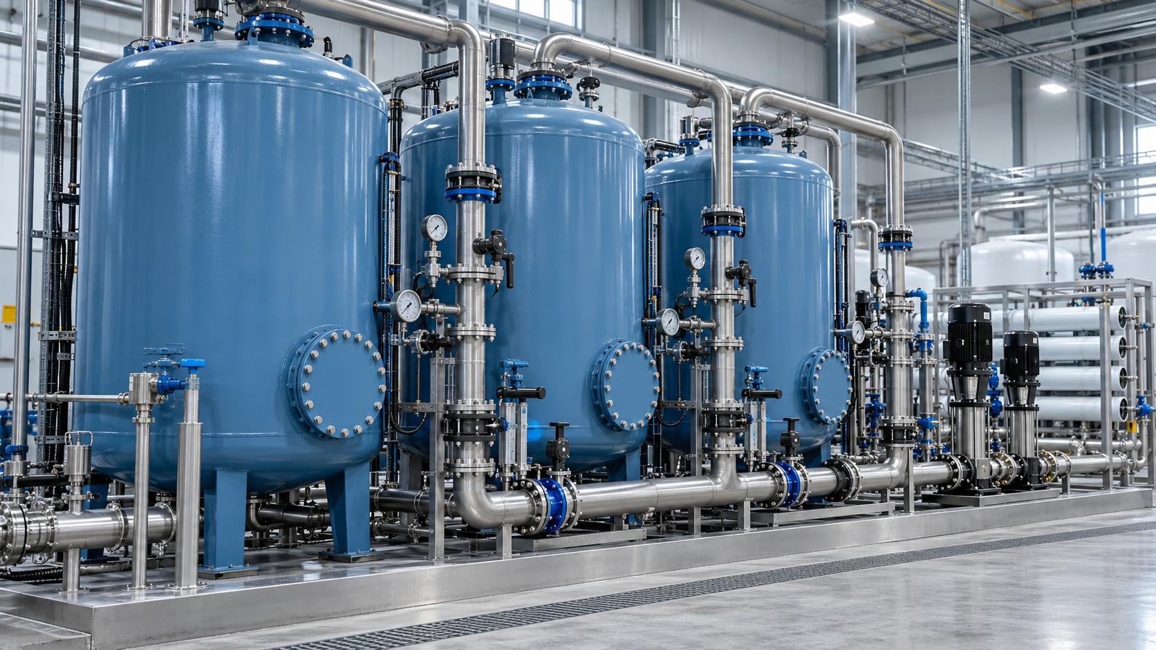 Industrial filtration vessels, pumps and stainless steel water-treatment pipework